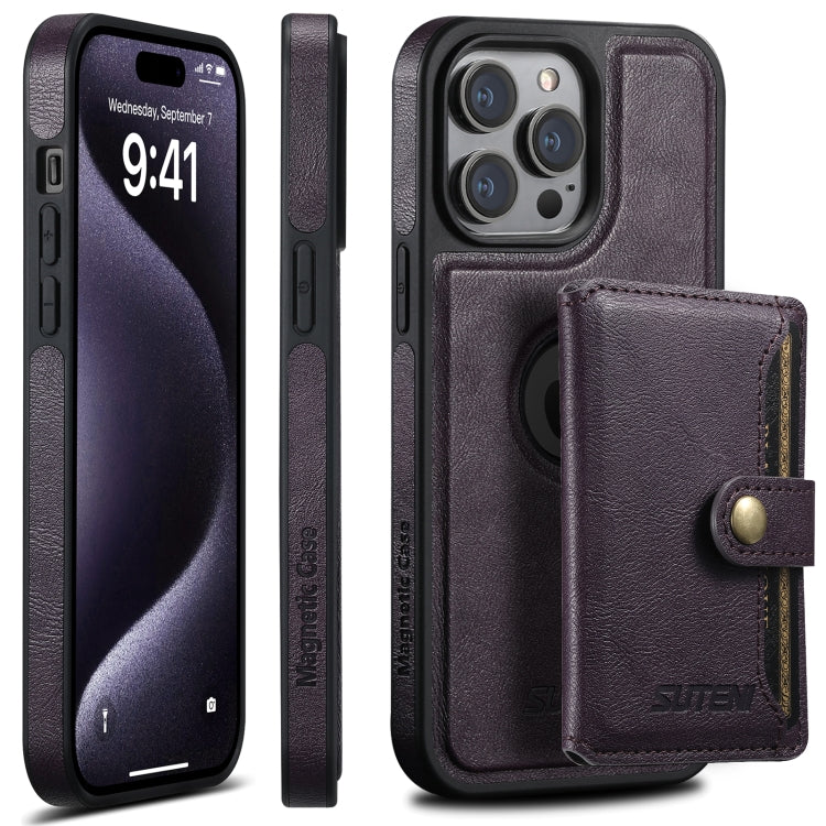 For iPhone 15 Pro Max Suteni M1 Oil Wax MagSafe Detachable Horizontal Card Bag Phone Case(Purple) - iPhone 15 Pro Max Cases by Suteni | Online Shopping UK | buy2fix