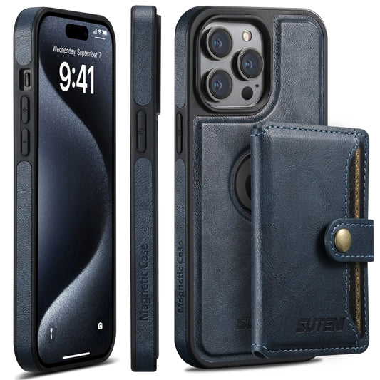 For iPhone 15 Pro Suteni M1 Oil Wax MagSafe Detachable Horizontal Card Bag Phone Case(Blue) - iPhone 15 Pro Cases by Suteni | Online Shopping UK | buy2fix