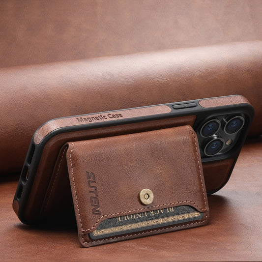 For iPhone 15 Suteni M1 Oil Wax MagSafe Detachable Horizontal Card Bag Phone Case(Brown) by Suteni