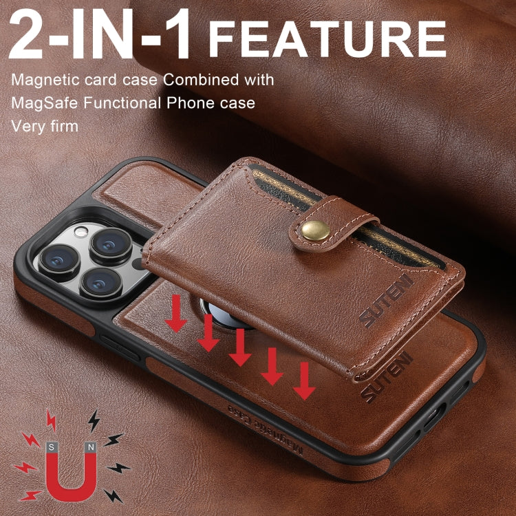 For iPhone 16 Suteni M1 Oil Wax MagSafe Detachable Horizontal Card Bag Phone Case(Brown) - iPhone 16 Cases by Suteni | Online Shopping UK | buy2fix