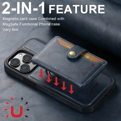 For iPhone 16 Suteni M1 Oil Wax MagSafe Detachable Horizontal Card Bag Phone Case(Blue) - iPhone 16 Cases by Suteni | Online Shopping UK | buy2fix