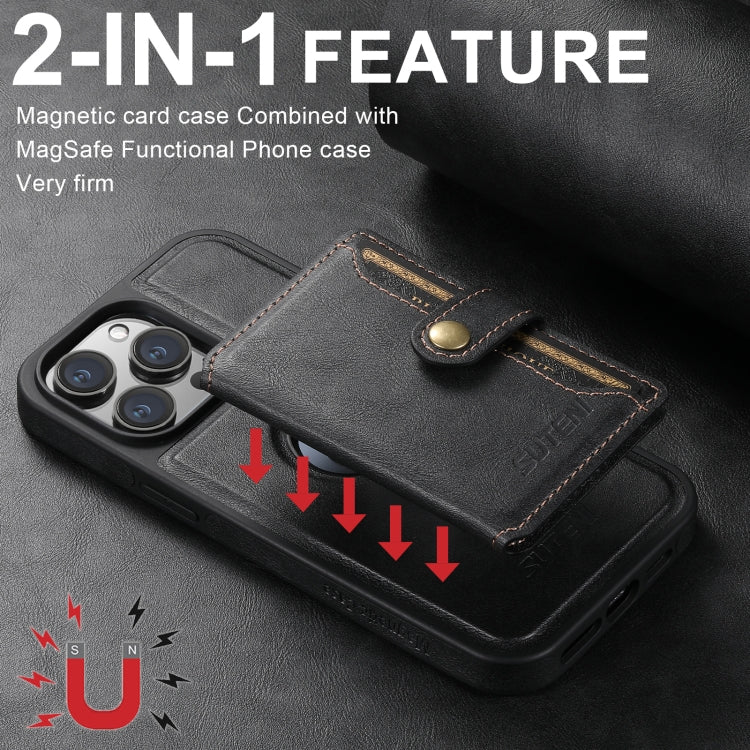 For iPhone 16 Pro Suteni M1 Oil Wax MagSafe Detachable Horizontal Card Bag Phone Case(Black) - iPhone 16 Pro Cases by Suteni | Online Shopping UK | buy2fix