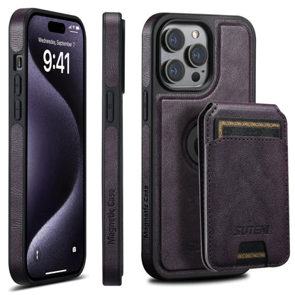 For iPhone 15 Pro Max Suteni M2 Oil Wax MagSafe Horizontal Card Bag Phone Case(Purple) - iPhone 15 Pro Max Cases by Suteni | Online Shopping UK | buy2fix