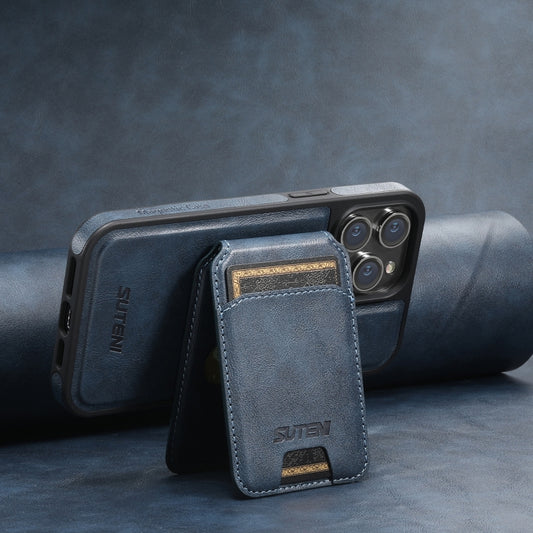 For iPhone 14 Suteni M2 Oil Wax MagSafe Horizontal Card Bag Phone Case(Blue) by Suteni