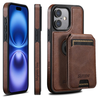 For iPhone 16 Suteni M2 Oil Wax MagSafe Horizontal Card Bag Phone Case(Brown) - iPhone 16 Cases by Suteni | Online Shopping UK | buy2fix