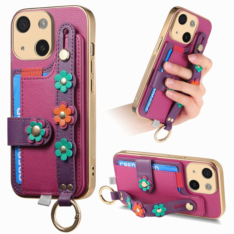 For iPhone 15 Stereoscopic Flowers Wristband Card Bag Phone Case(Purple) - iPhone 15 Cases by buy2fix | Online Shopping UK | buy2fix