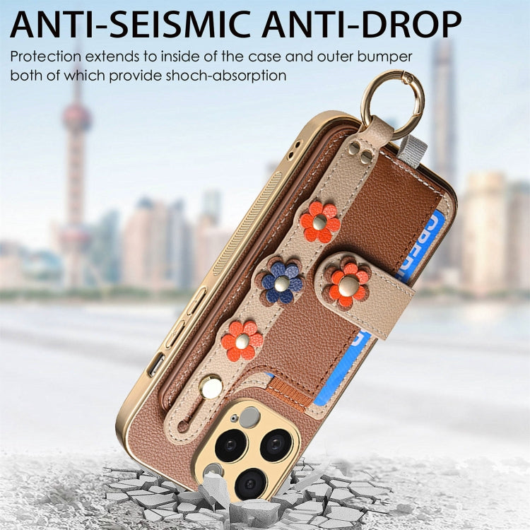 For iPhone 15 Stereoscopic Flowers Wristband Card Bag Phone Case(Brown) - iPhone 15 Cases by buy2fix | Online Shopping UK | buy2fix