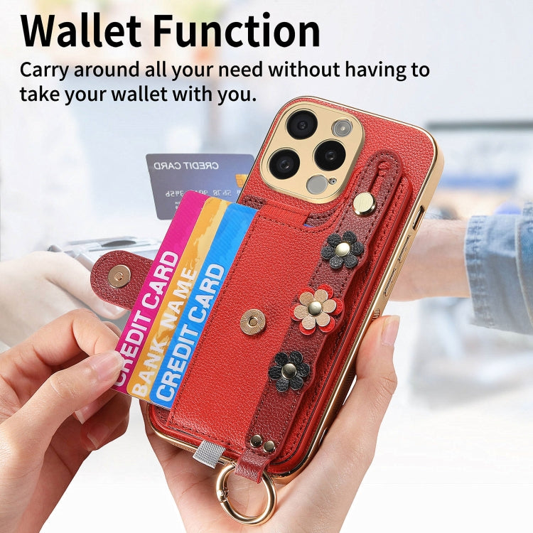 For iPhone 15 Stereoscopic Flowers Wristband Card Bag Phone Case(Red) - iPhone 15 Cases by buy2fix | Online Shopping UK | buy2fix