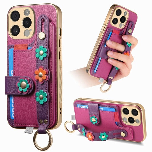 For iPhone 15 Pro Stereoscopic Flowers Wristband Card Bag Phone Case(Purple) - iPhone 15 Pro Cases by buy2fix | Online Shopping UK | buy2fix