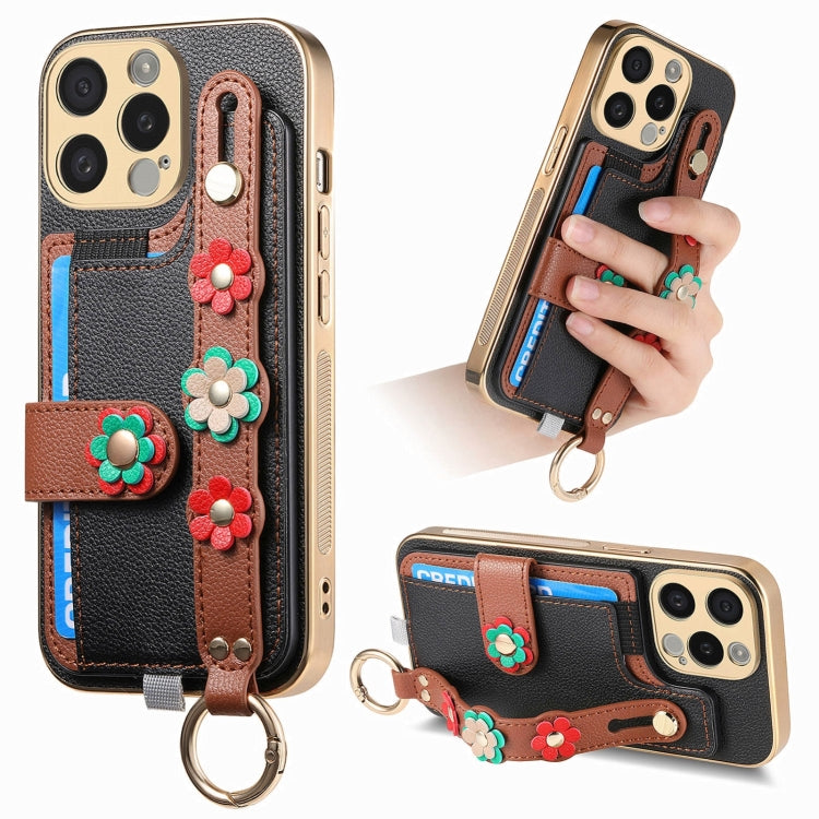 For iPhone 15 Pro Stereoscopic Flowers Wristband Card Bag Phone Case(Black) - iPhone 15 Pro Cases by buy2fix | Online Shopping UK | buy2fix