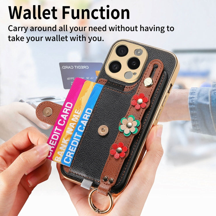 For iPhone 15 Pro Stereoscopic Flowers Wristband Card Bag Phone Case(Black) - iPhone 15 Pro Cases by buy2fix | Online Shopping UK | buy2fix