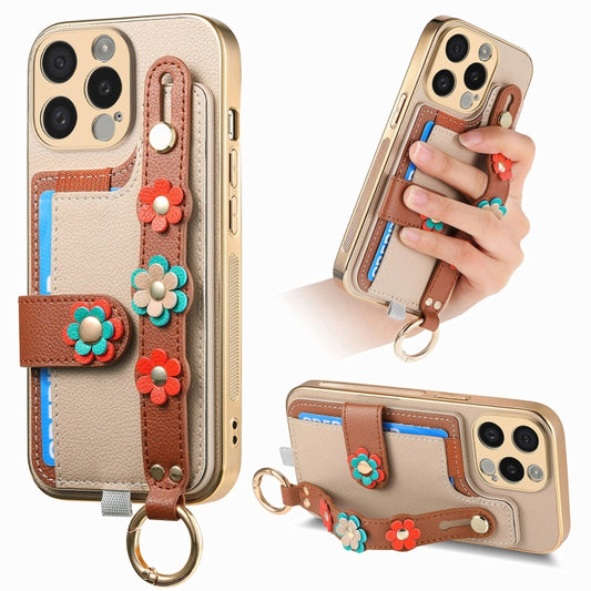 For iPhone 15 Pro Stereoscopic Flowers Wristband Card Bag Phone Case(Khaki) - iPhone 15 Pro Cases by buy2fix | Online Shopping UK | buy2fix