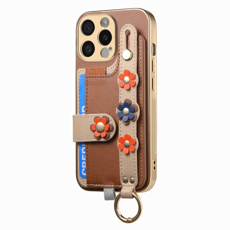 For iPhone 15 Pro Stereoscopic Flowers Wristband Card Bag Phone Case(Brown) - iPhone 15 Pro Cases by buy2fix | Online Shopping UK | buy2fix
