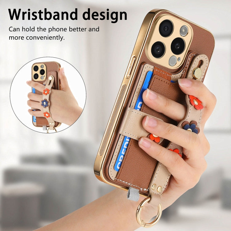 For iPhone 15 Pro Stereoscopic Flowers Wristband Card Bag Phone Case(Brown) - iPhone 15 Pro Cases by buy2fix | Online Shopping UK | buy2fix