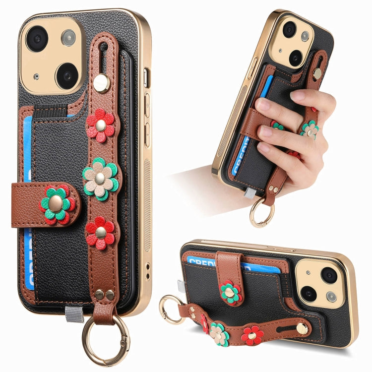 For iPhone 15 Plus Stereoscopic Flowers Wristband Card Bag Phone Case(Black) - iPhone 15 Plus Cases by buy2fix | Online Shopping UK | buy2fix