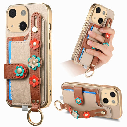 For iPhone 15 Plus Stereoscopic Flowers Wristband Card Bag Phone Case(Khaki) - iPhone 15 Plus Cases by buy2fix | Online Shopping UK | buy2fix