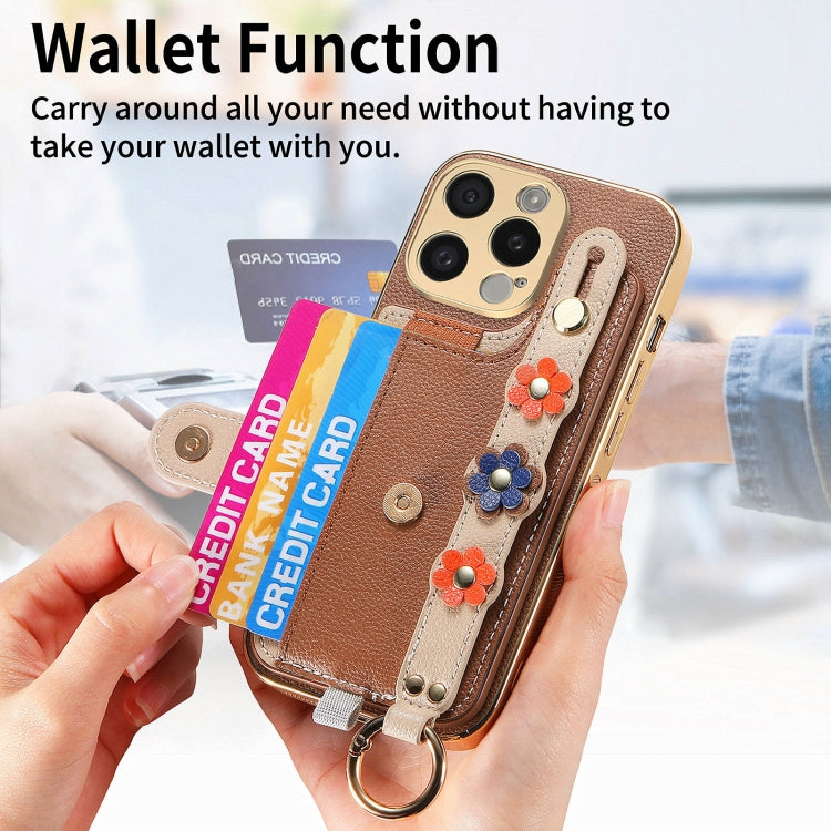For iPhone 15 Plus Stereoscopic Flowers Wristband Card Bag Phone Case(Brown) - iPhone 15 Plus Cases by buy2fix | Online Shopping UK | buy2fix