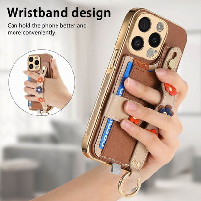 For iPhone 15 Plus Stereoscopic Flowers Wristband Card Bag Phone Case(Brown) - iPhone 15 Plus Cases by buy2fix | Online Shopping UK | buy2fix