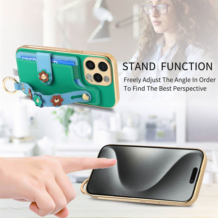 For iPhone 15 Plus Stereoscopic Flowers Wristband Card Bag Phone Case(Green) - iPhone 15 Plus Cases by buy2fix | Online Shopping UK | buy2fix