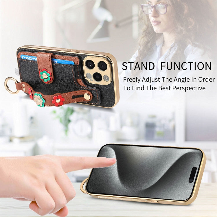 For iPhone 15 Pro Max Stereoscopic Flowers Wristband Card Bag Phone Case(Black) - iPhone 15 Pro Max Cases by buy2fix | Online Shopping UK | buy2fix