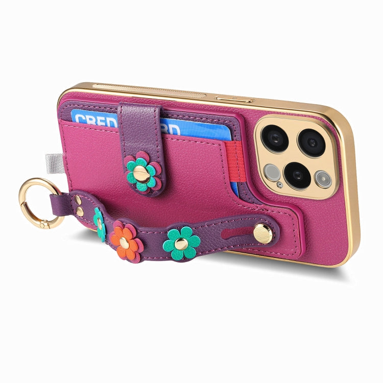 For iPhone 14 Stereoscopic Flowers Wristband Card Bag Phone Case(Purple) - iPhone 14 Cases by buy2fix | Online Shopping UK | buy2fix