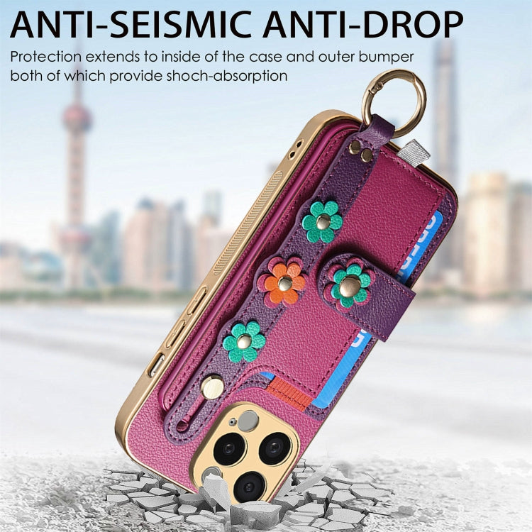 For iPhone 14 Stereoscopic Flowers Wristband Card Bag Phone Case(Purple) - iPhone 14 Cases by buy2fix | Online Shopping UK | buy2fix