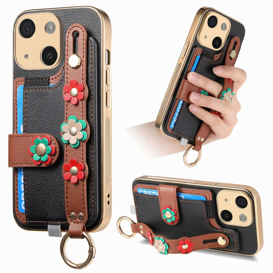 For iPhone 14 Stereoscopic Flowers Wristband Card Bag Phone Case(Black) - iPhone 14 Cases by buy2fix | Online Shopping UK | buy2fix