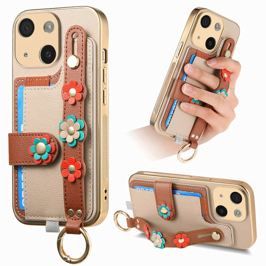 For iPhone 14 Stereoscopic Flowers Wristband Card Bag Phone Case(Khaki) - iPhone 14 Cases by buy2fix | Online Shopping UK | buy2fix