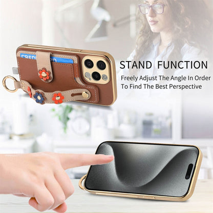 For iPhone 14 Stereoscopic Flowers Wristband Card Bag Phone Case(Brown) - iPhone 14 Cases by buy2fix | Online Shopping UK | buy2fix