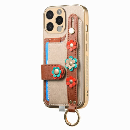 For iPhone 14 Pro Stereoscopic Flowers Wristband Card Bag Phone Case(Khaki) - iPhone 14 Pro Cases by buy2fix | Online Shopping UK | buy2fix
