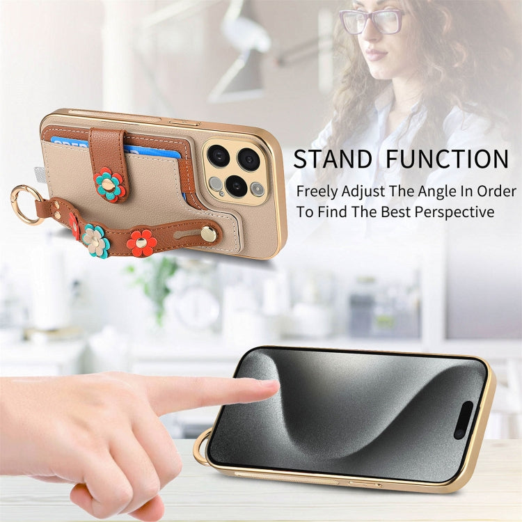 For iPhone 14 Pro Stereoscopic Flowers Wristband Card Bag Phone Case(Khaki) - iPhone 14 Pro Cases by buy2fix | Online Shopping UK | buy2fix