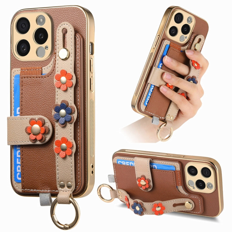 For iPhone 14 Pro Stereoscopic Flowers Wristband Card Bag Phone Case(Brown) - iPhone 14 Pro Cases by buy2fix | Online Shopping UK | buy2fix