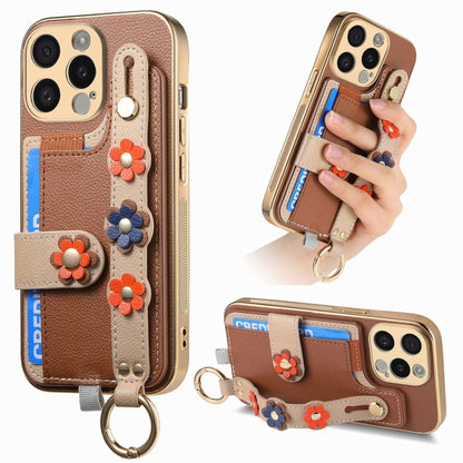 For iPhone 14 Pro Stereoscopic Flowers Wristband Card Bag Phone Case(Brown) - iPhone 14 Pro Cases by buy2fix | Online Shopping UK | buy2fix