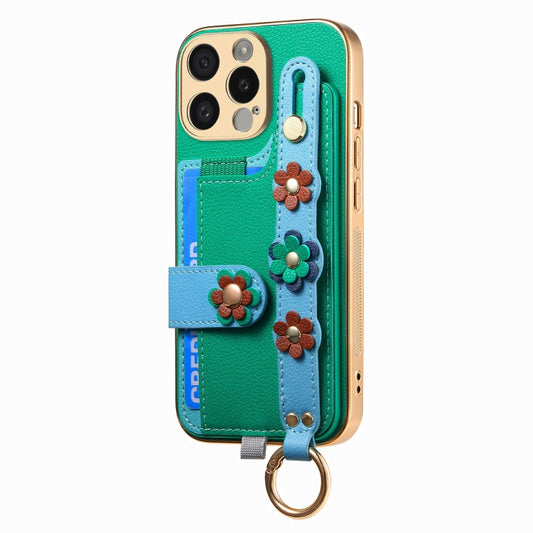 For iPhone 14 Pro Stereoscopic Flowers Wristband Card Bag Phone Case(Green) - iPhone 14 Pro Cases by buy2fix | Online Shopping UK | buy2fix