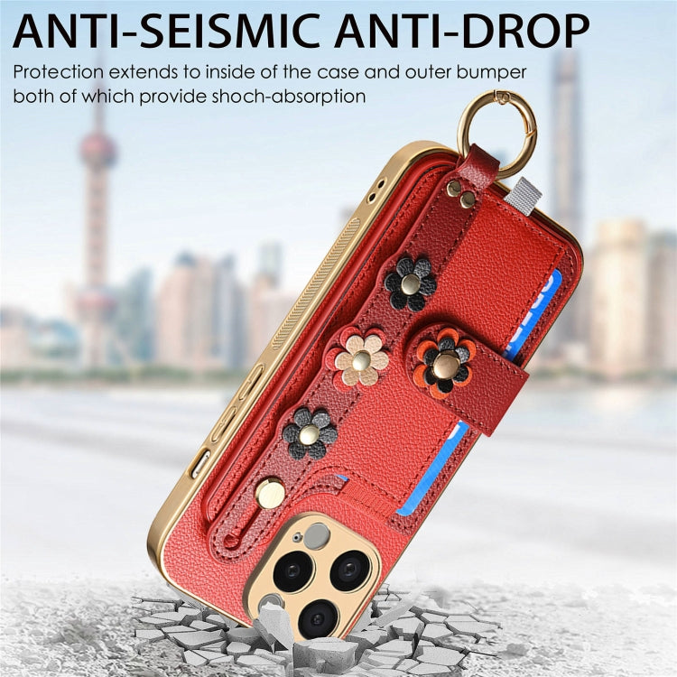 For iPhone 14 Pro Stereoscopic Flowers Wristband Card Bag Phone Case(Red) - iPhone 14 Pro Cases by buy2fix | Online Shopping UK | buy2fix