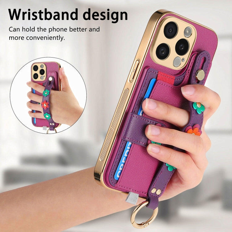 For iPhone 14 Plus Stereoscopic Flowers Wristband Card Bag Phone Case(Purple) - iPhone 14 Plus Cases by buy2fix | Online Shopping UK | buy2fix