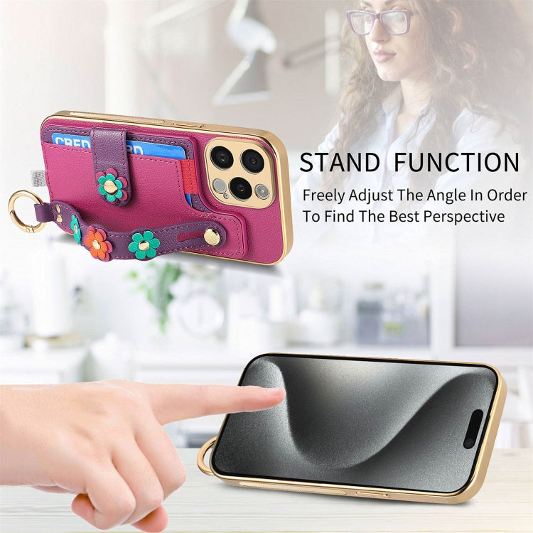 For iPhone 14 Plus Stereoscopic Flowers Wristband Card Bag Phone Case(Purple) - iPhone 14 Plus Cases by buy2fix | Online Shopping UK | buy2fix