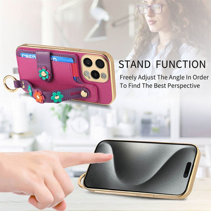 For iPhone 14 Plus Stereoscopic Flowers Wristband Card Bag Phone Case(Purple) - iPhone 14 Plus Cases by buy2fix | Online Shopping UK | buy2fix