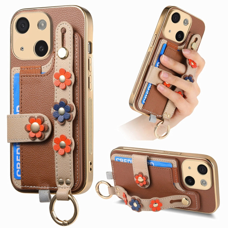 For iPhone 14 Plus Stereoscopic Flowers Wristband Card Bag Phone Case(Brown) - iPhone 14 Plus Cases by buy2fix | Online Shopping UK | buy2fix