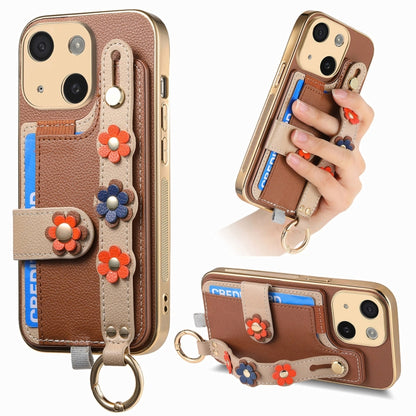 For iPhone 14 Plus Stereoscopic Flowers Wristband Card Bag Phone Case(Brown) - iPhone 14 Plus Cases by buy2fix | Online Shopping UK | buy2fix