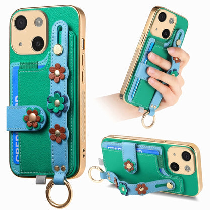For iPhone 14 Plus Stereoscopic Flowers Wristband Card Bag Phone Case(Green) - iPhone 14 Plus Cases by buy2fix | Online Shopping UK | buy2fix
