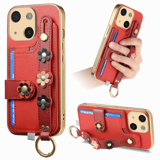 For iPhone 14 Plus Stereoscopic Flowers Wristband Card Bag Phone Case(Red) - iPhone 14 Plus Cases by buy2fix | Online Shopping UK | buy2fix