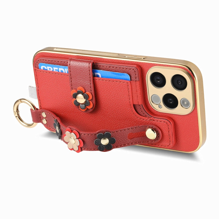 For iPhone 14 Plus Stereoscopic Flowers Wristband Card Bag Phone Case(Red) - iPhone 14 Plus Cases by buy2fix | Online Shopping UK | buy2fix