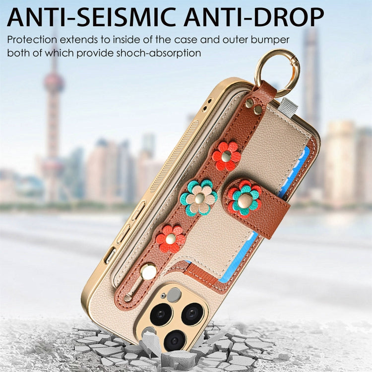 For iPhone 14 Pro Max Stereoscopic Flowers Wristband Card Bag Phone Case(Khaki) - iPhone 14 Pro Max Cases by buy2fix | Online Shopping UK | buy2fix