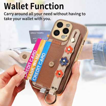 For iPhone 14 Pro Max Stereoscopic Flowers Wristband Card Bag Phone Case(Brown) - iPhone 14 Pro Max Cases by buy2fix | Online Shopping UK | buy2fix