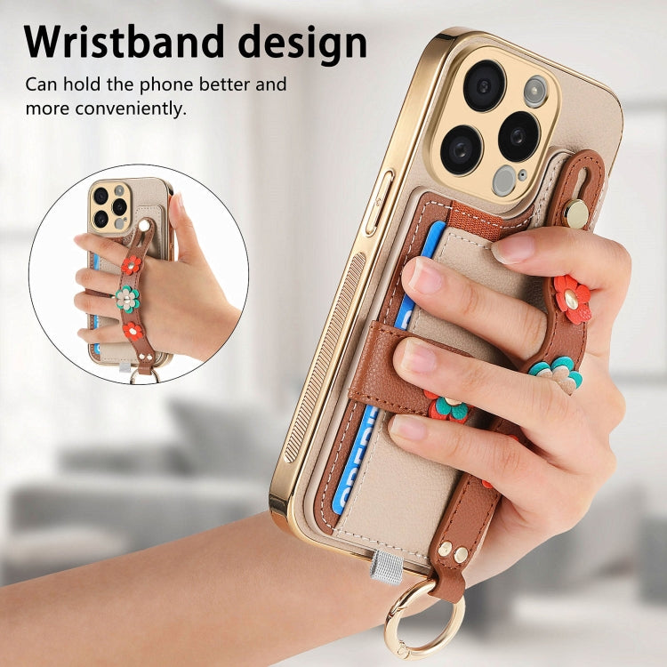 For iPhone 13 Stereoscopic Flowers Wristband Card Bag Phone Case(Khaki) - iPhone 13 Cases by buy2fix | Online Shopping UK | buy2fix