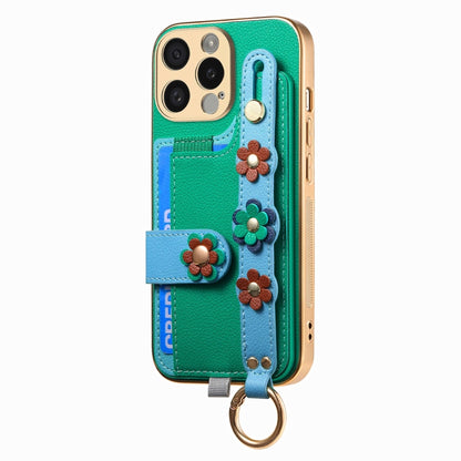 For iPhone 13 Stereoscopic Flowers Wristband Card Bag Phone Case(Green) - iPhone 13 Cases by buy2fix | Online Shopping UK | buy2fix