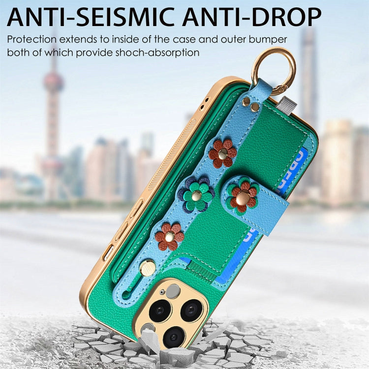 For iPhone 13 Stereoscopic Flowers Wristband Card Bag Phone Case(Green) - iPhone 13 Cases by buy2fix | Online Shopping UK | buy2fix