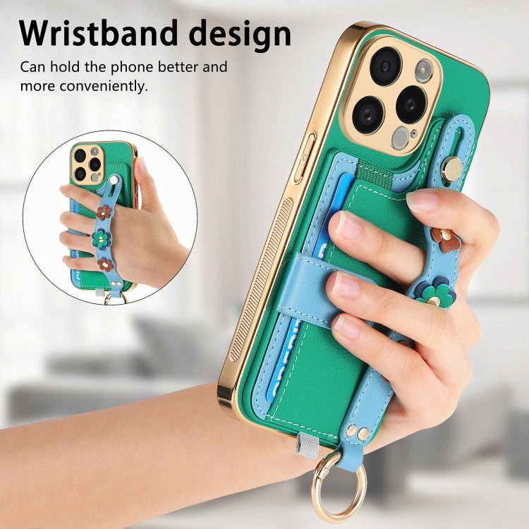For iPhone 13 Stereoscopic Flowers Wristband Card Bag Phone Case(Green) - iPhone 13 Cases by buy2fix | Online Shopping UK | buy2fix
