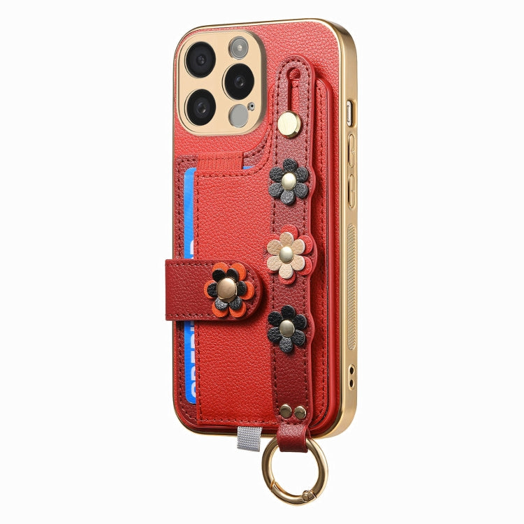 For iPhone 13 Stereoscopic Flowers Wristband Card Bag Phone Case(Red) - iPhone 13 Cases by buy2fix | Online Shopping UK | buy2fix